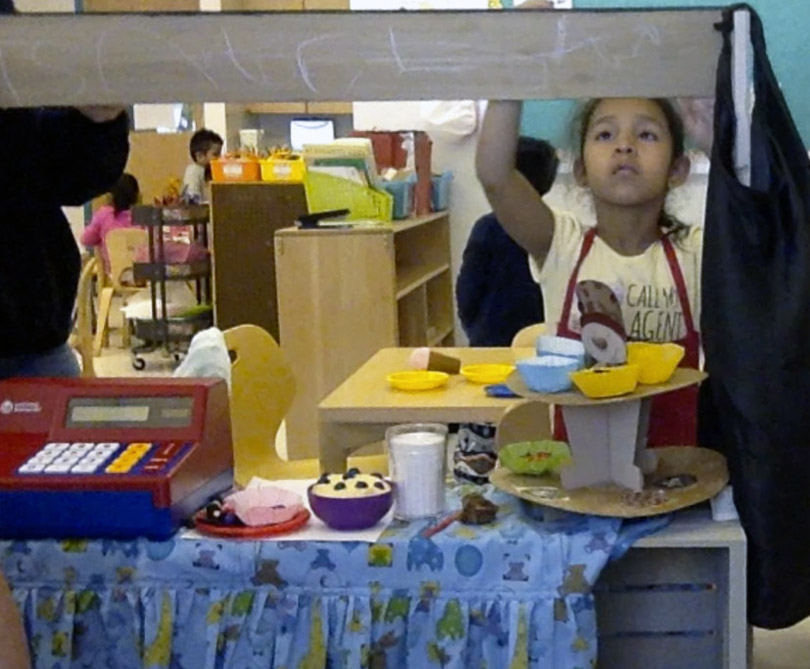 Emergent biliteracy skills were also supported as children named and renamed the bakery on its awning.